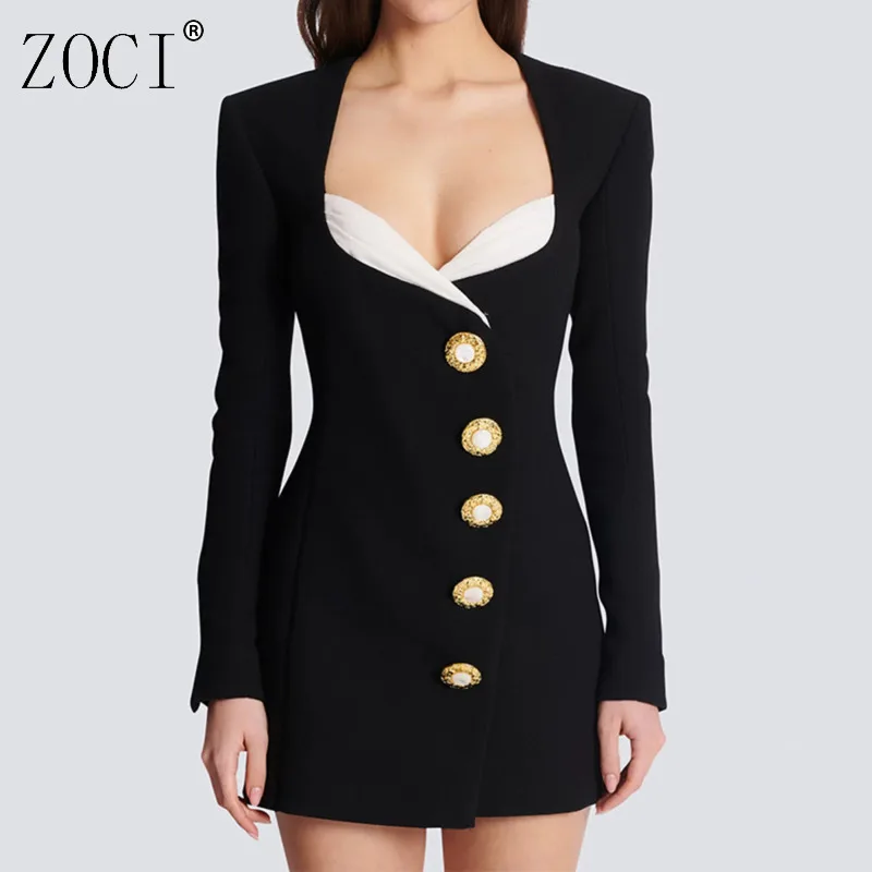 

ZOCI Sexy Women's Pullover Suit Dress Solid Color Button Office Lady Dress One-Piece Female Long Sleeves Square Collar Y2k Dress