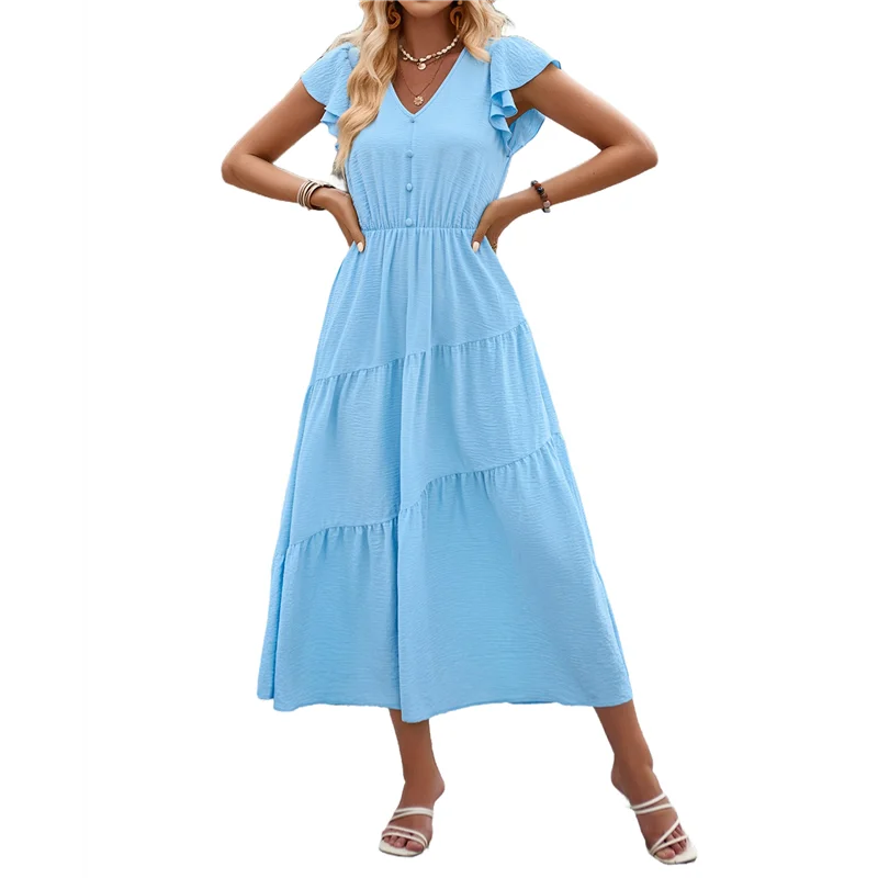 NEW-Women's 2025 Summer Casual Flutter Short Sleeve Crew Neck Smocked Elastic Waist Tiered Midi Dress