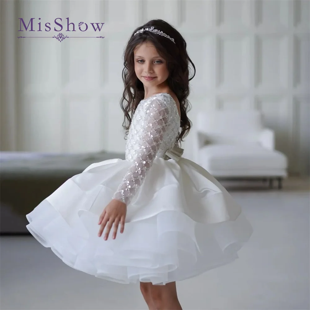 MisShow White Sequin Flower Girl Dresses Kids Wedding Long Sleeves Ball Gown Toddler Tutu Skirt Princess Birthday Party Gowns