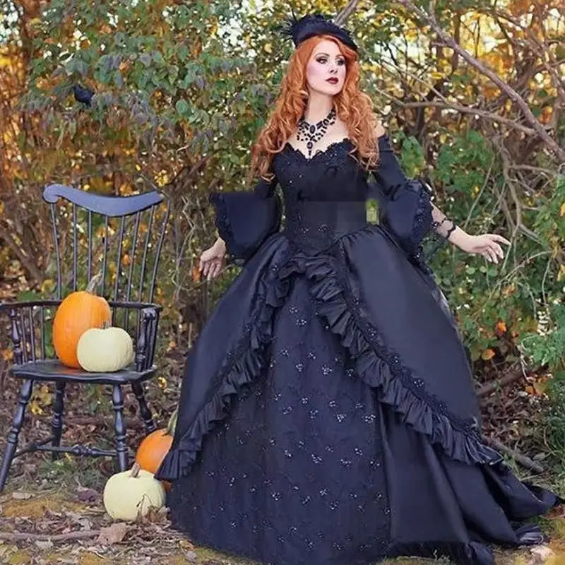 

Средневековое свадебное платье эпохи Возрождения с расклешенными рукавами, атласные черные готические свадебные платья, маскарадный костюм принцессы по индивидуальному заказу