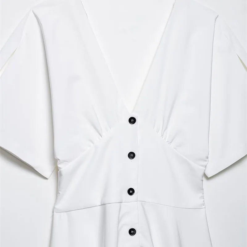 Summer New ort Sve Midi Dr Button Decorated Fork Sve V-Ne Cleanfit High Waist Polyester Fiber Ciwalk Dr