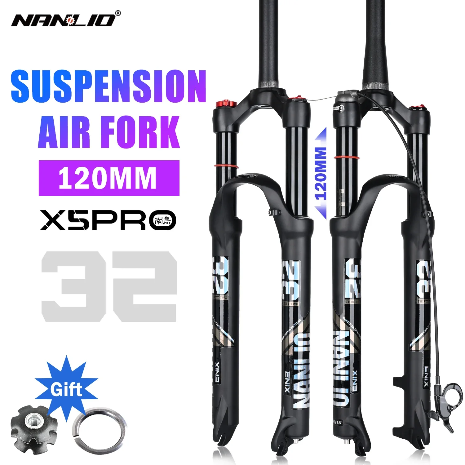 

Nanlio X5 PRO Bicycle Air Suspension Fork 120mm Travel, Lightweight 1.8kg, 26/27.5/29 Inch XC Mountain Bikes with Free Gift