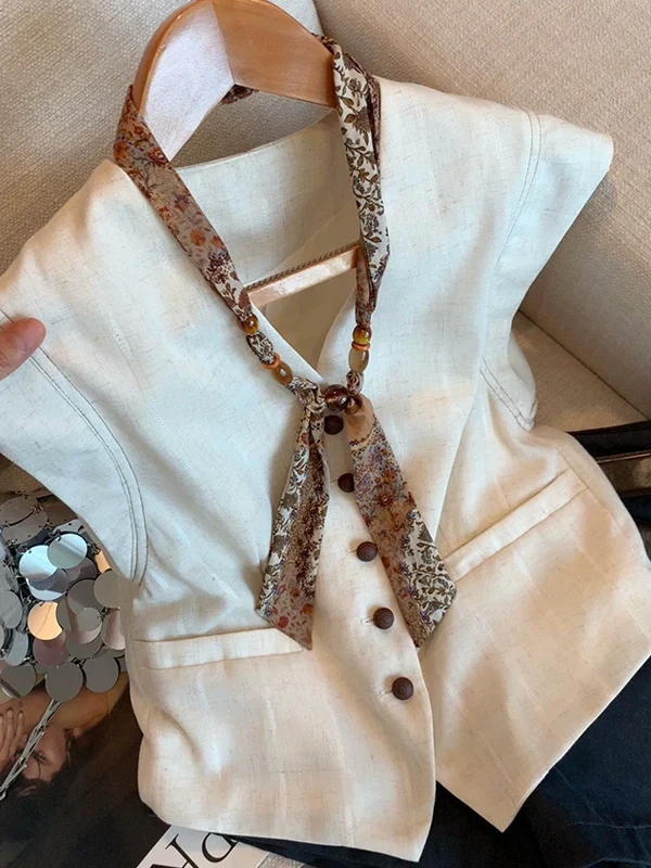 Retro Pure Color Silk Scarf V-Neck Single Button Vest Women's Summer New Hong Style Sleeveless Jacket Standard Fit Cotton Lin...