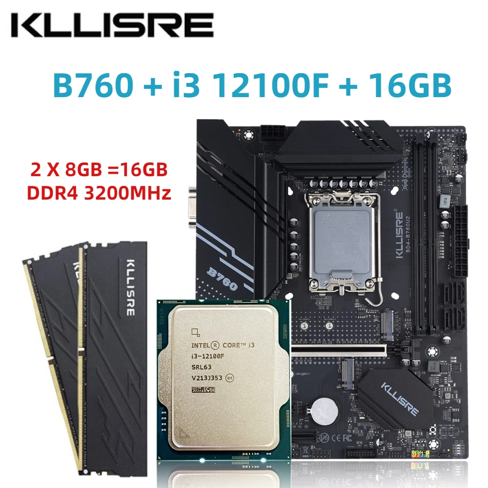 Kllisre B760 Kit Core i3 12100F 2*8GB = 16GB Memory DDR4 3200 Desktop RAM LGA 1700 Motherboard Set