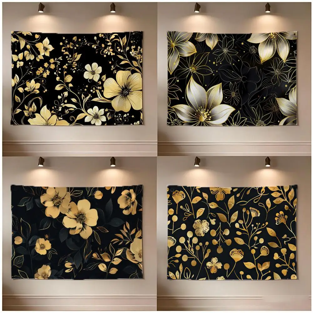 Luxurious Modern Black Gold Flower Flags Borderless Four Ring Ornament Indoor Outdoor Decoration Quick Hang Install