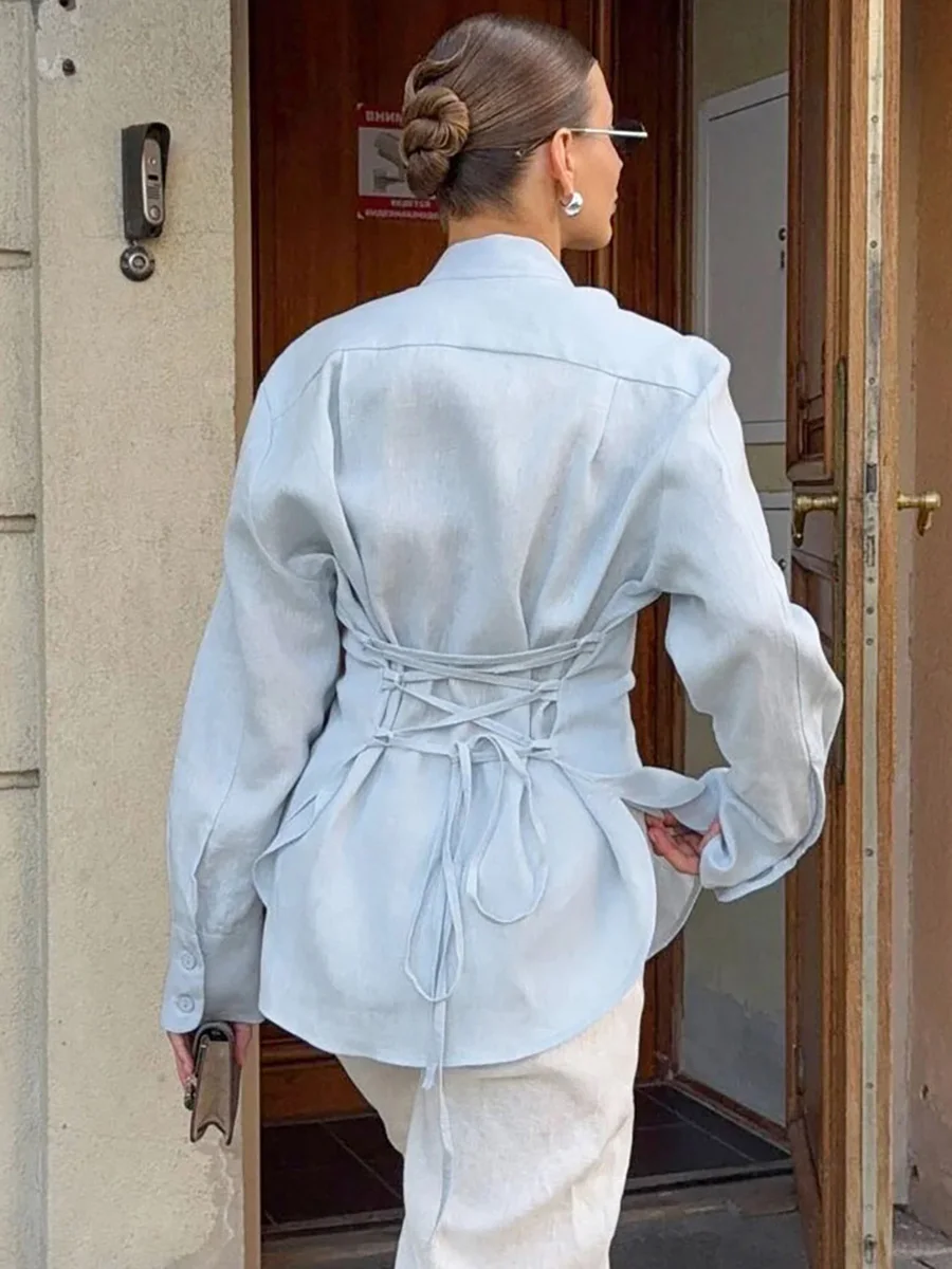 Camicetta con fasciatura posteriore solida e sottile Camicie da donna monopetto con colletto couverture Camicie semplici a maniche lunghe moda casual Top Femme