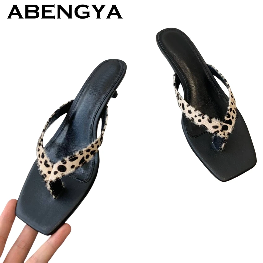 

2025 Summer Fashion Flip Flops Kitten Heels Slippers Women Retro Real Leather Low Heels Mules Casual Beach Slides Shoes Mujer