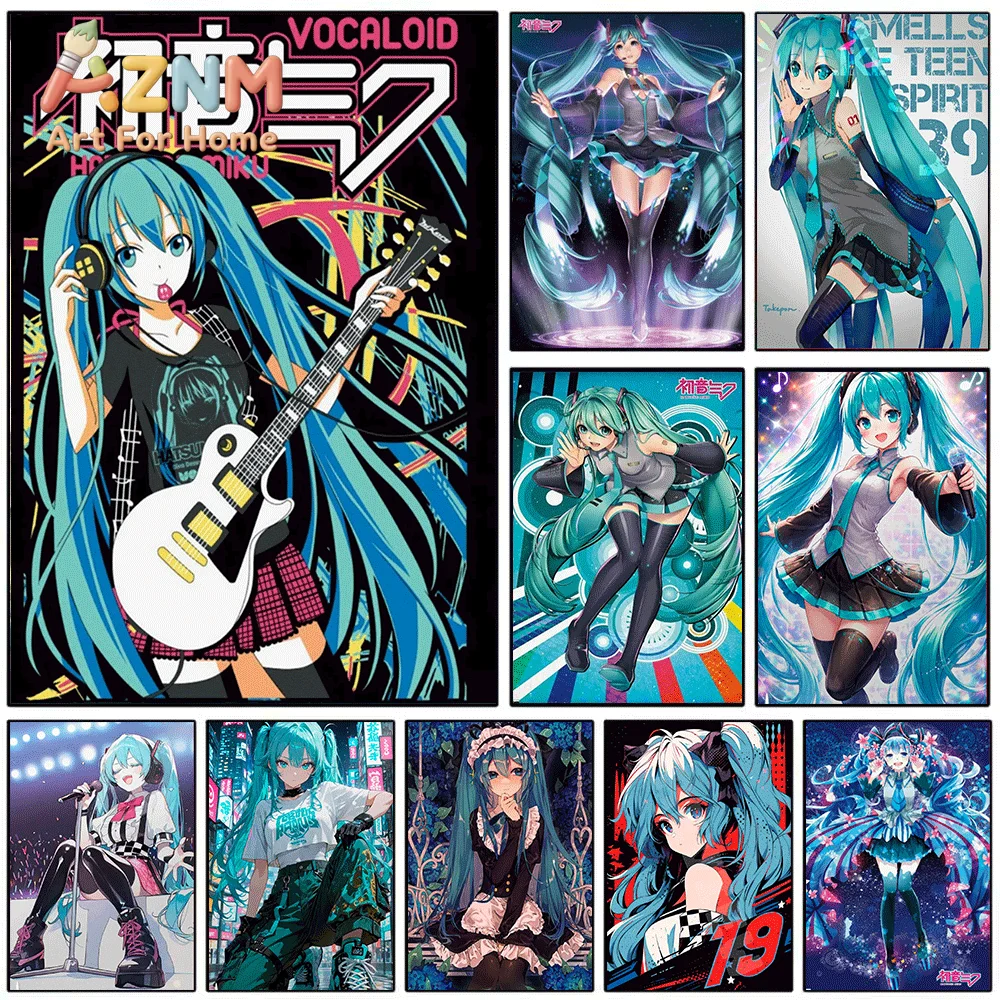 AZNM Hatsune Miku Rock Music Guitar Canvas Painting, Frameless Canvas Wall Art, Virtual Singer Anime Wall Painting for Bedroom