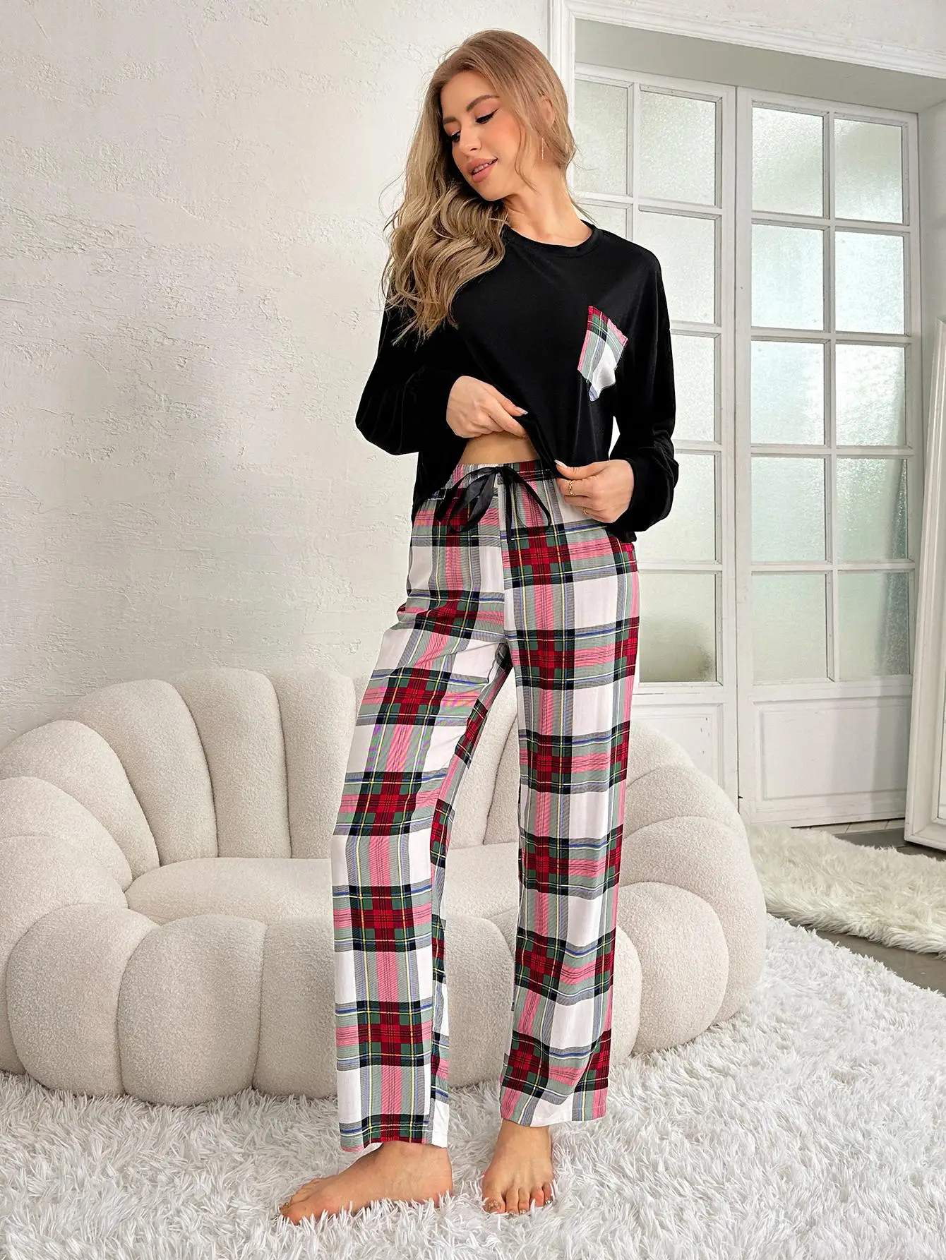 Women Pajama Set Long Sleeves O Neck Top & Plaid Drawstring Full-Length Pants Fall Winter Spring Female Sleepwear Nightwear