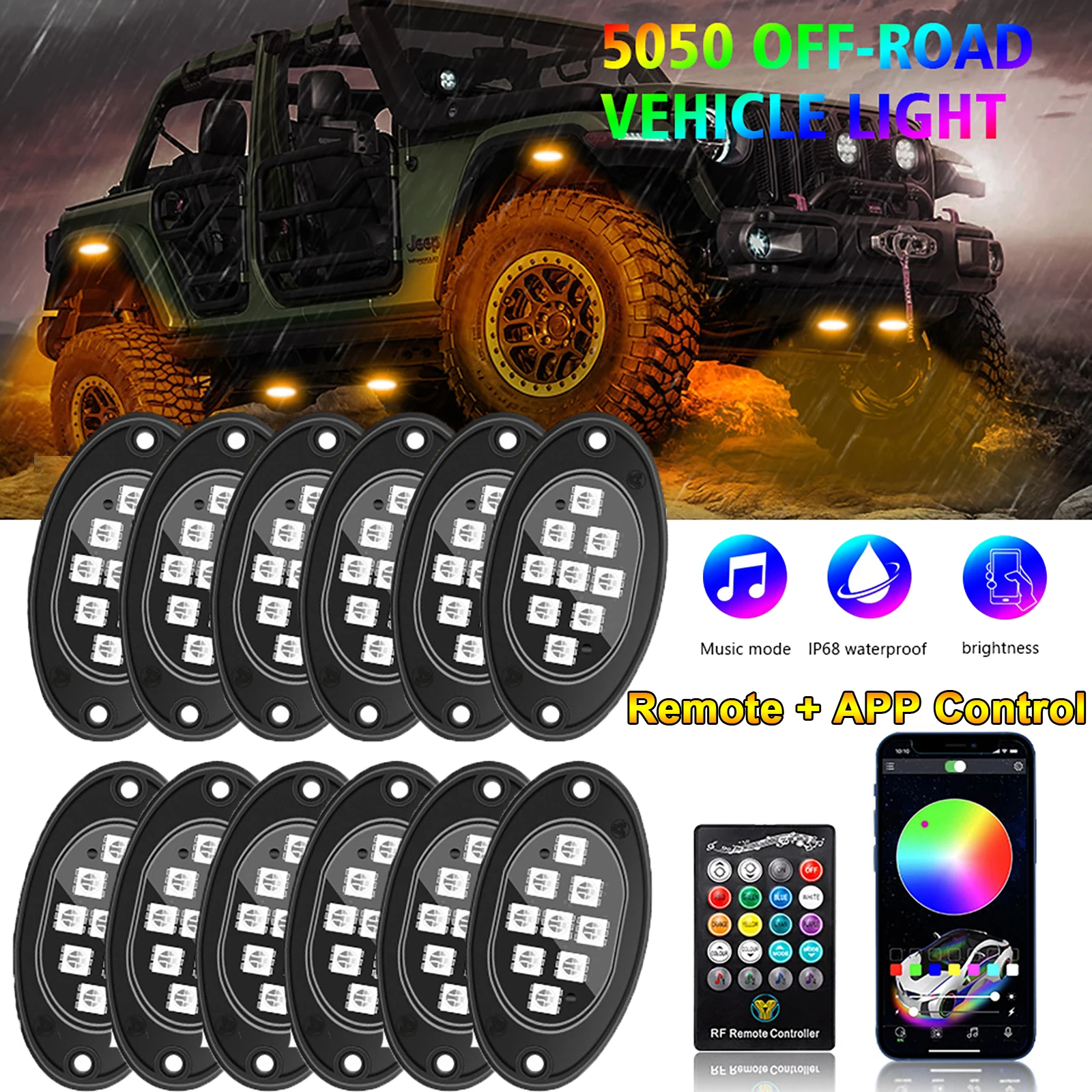 

6/8/12pcs-in-1 9LED Car Trunk LED Rock Light 12V RGB Exterior Atmosphere Light Car Bottom Light Lamp Support Remote APP Control