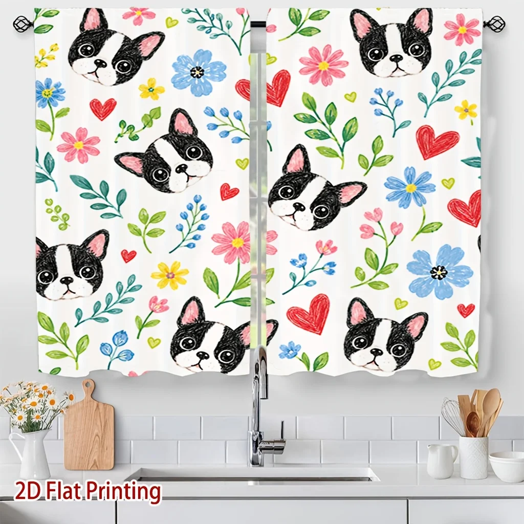 Cute Dog Curtain Panels, French Bulldog Bright Flower Heart Leaf Pattern Drapes for Girls Cozy Bedroom Home Window Decoration