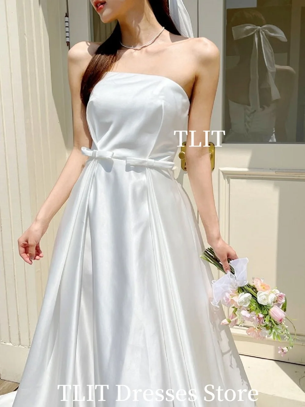 Tlit simples branco cetim vestidos de noite sem costas espartilho volta formal festa de formatura vestidos para fotos de casamento sessão arco personalizado