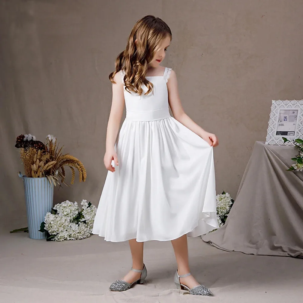 KYDYNQJ White Chiffon Girls First Communion Dress Simple Kid Birthday Party Tea-Length Sleeveless Junior Bridesmaid Gown