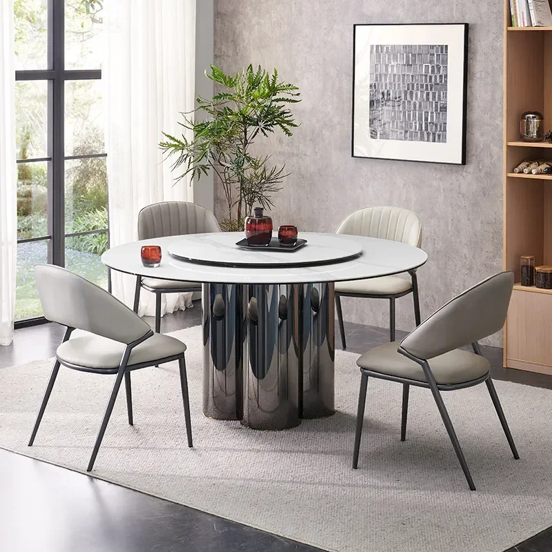 Composite Rock Slab Round Dining Table Italian Modern Simple Stainless Steel with Embedded Turntable Large Household Dinner