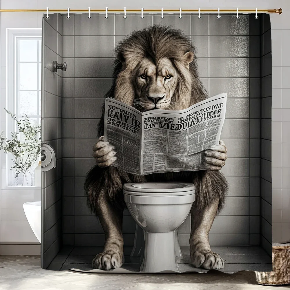 Funny lion Reading a Newspaper Print Shower Curtain, Polyester Shower Curtain with Hooks for Bathroom Decorative Shower Curtain