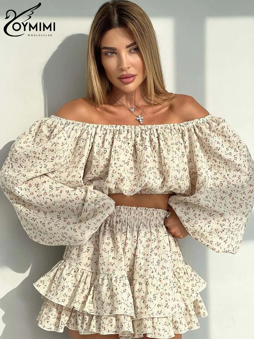 Oymimi Fashion Beige Cotton Womens 2 Piece Outfit Set Casual Strapless Long Sleeve Crop Tops And High Waist Pleated Skirts Sets