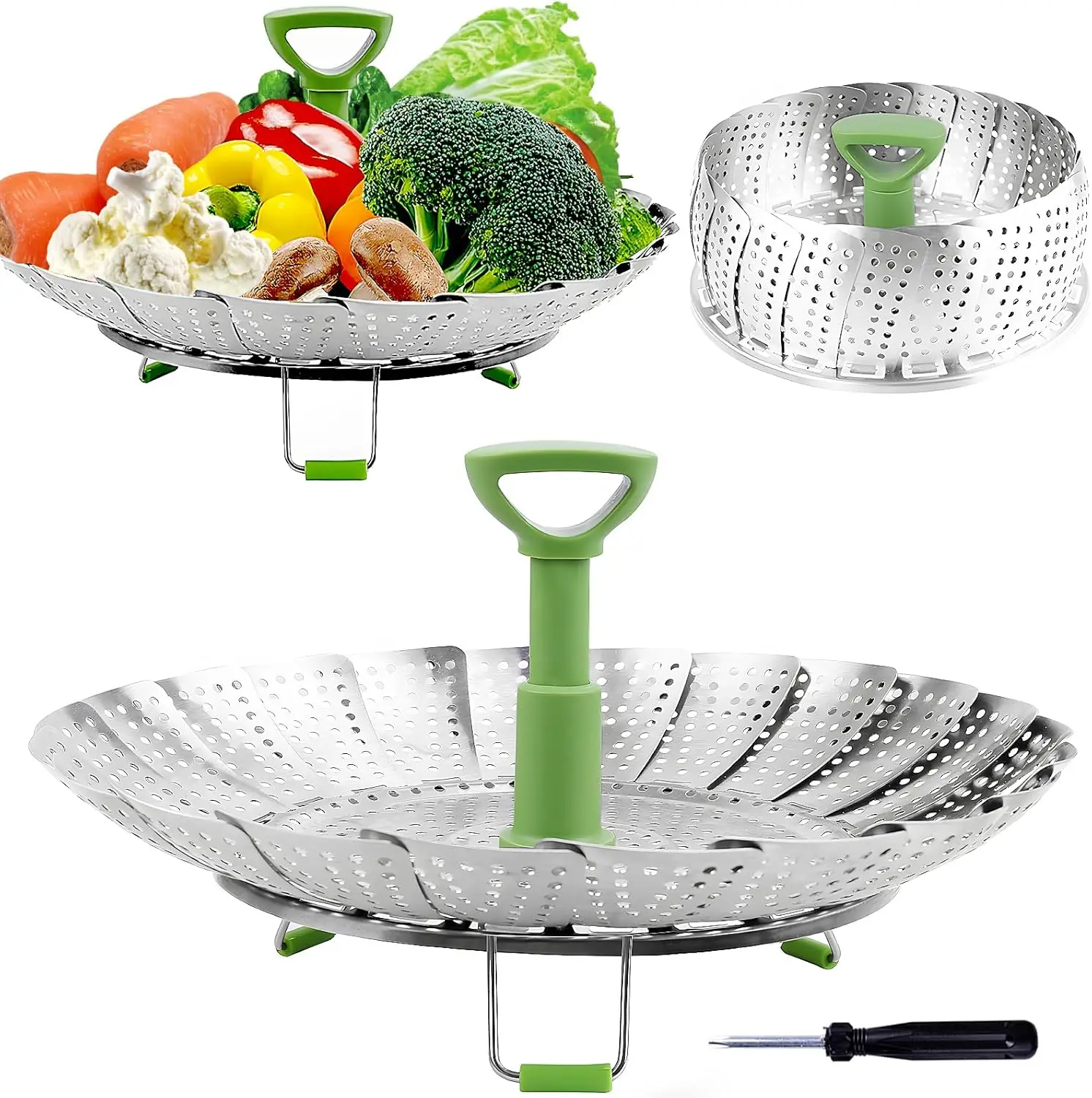 

Stainless Steel Vegetable Steamer Basket, Folding Expandable for Pots 5.1" to 9", with Extendable Handle