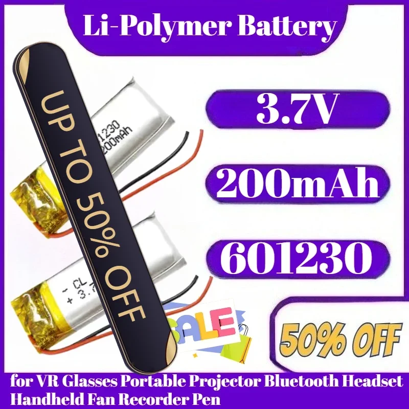 

601230 Battery 3.7V 200mAh Polymer Lithium Battery for VR Glasses Portable Projector Bluetooth Headset Handheld Fan Recorder Pen