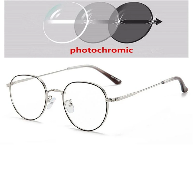 Metal Anti Blue Light Polygon Myopia Glasses Finished Women Men Photochromic Gray Prescription Eyeglasses 0 -50 -75 -100 To -400