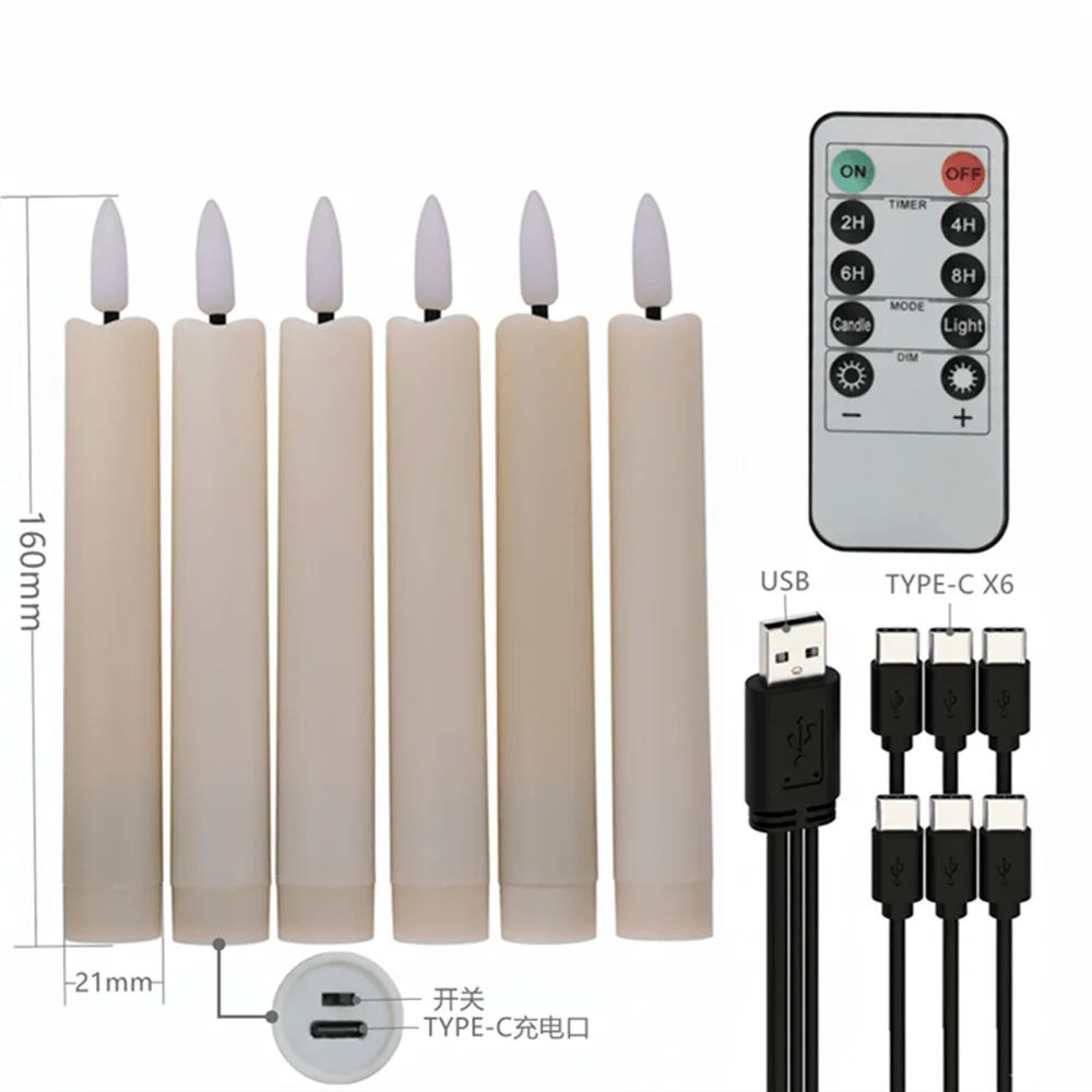 6- Pcs Rechargeable Flameless Taper Candles with Remote, 3D Wick Ivory Taper with Timer Flickering Function for Home, Wedding, B