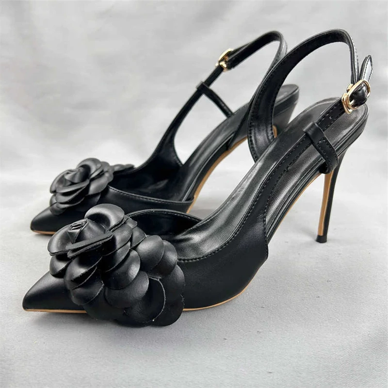 Buckle straps flowers decoration 10cm high thin heel pointed toe wedding party slip on summer black women pumps LX028 ROVICIYA