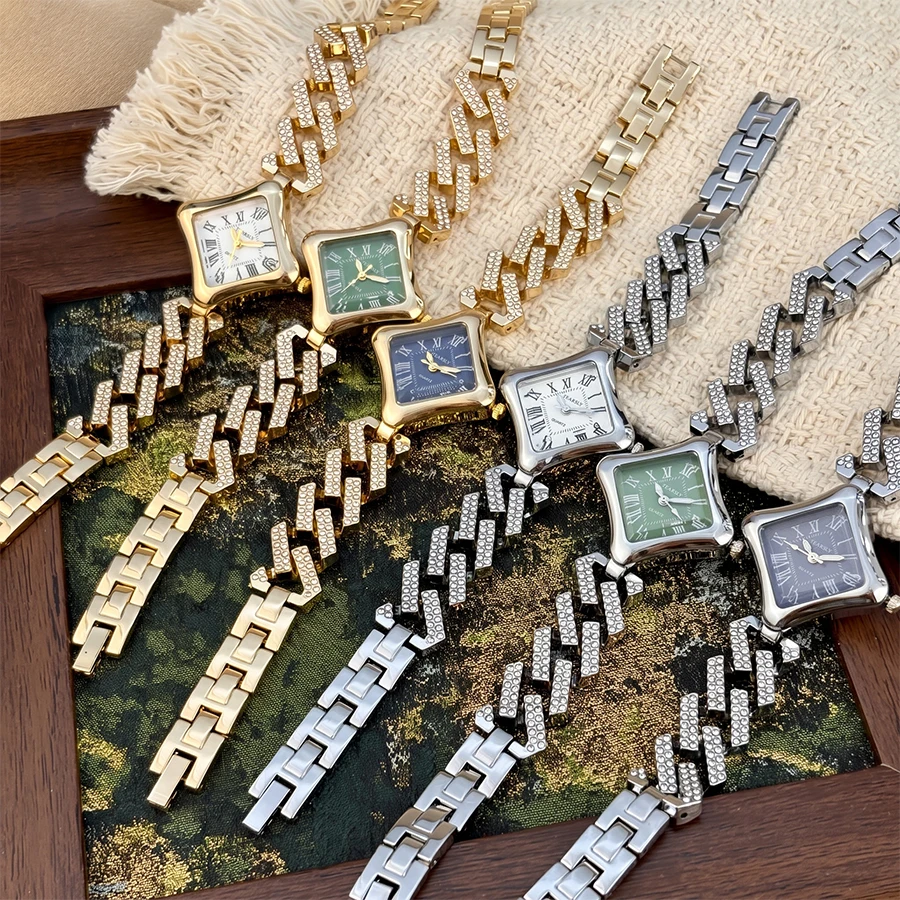 Fashion Diamond Four-Star Dial Flexible Diamond Chain Strap Gold Watch for Woman