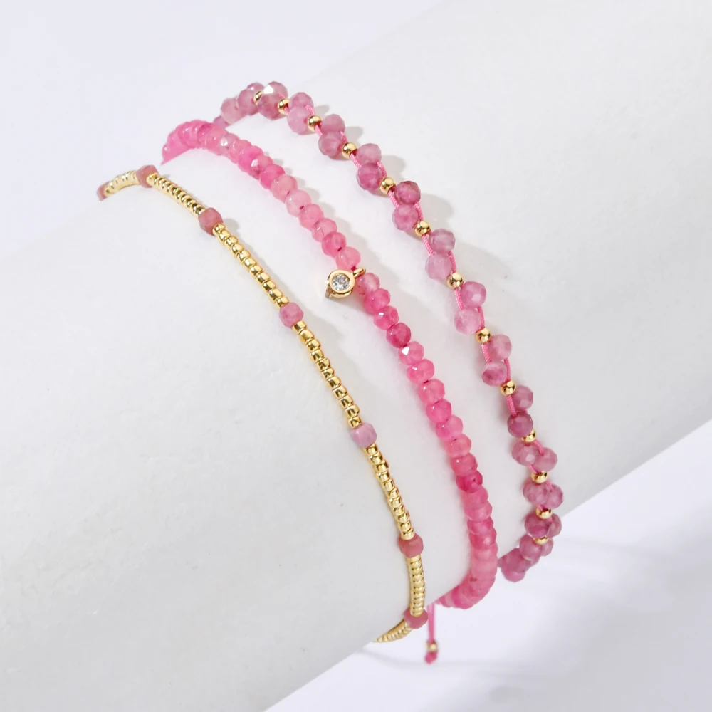 ZMZY Pink Rubellite Stone Bracelet Vintage Natural Stone Jewelry Elegant Beaded Hand Rope Women Boho Wrap On Hand Pink Crystal