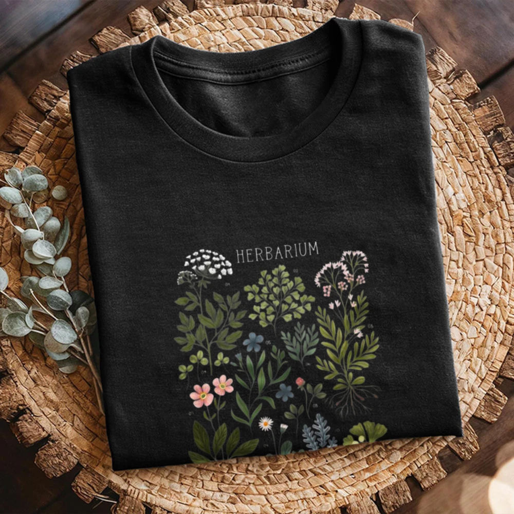 Vintage Herbarium Botany Unisex Tee Fashion Cotton T‑shirt Dark Cottagecore Top Botanical Specimen Motif Plant Lovers Casual Tee