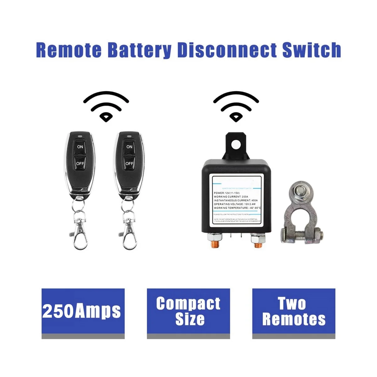 12V 250A Universal Battery Switch Relay Integrated Wireless Remote Control Disconnect Cut Off Isolator Switch 1 Remote