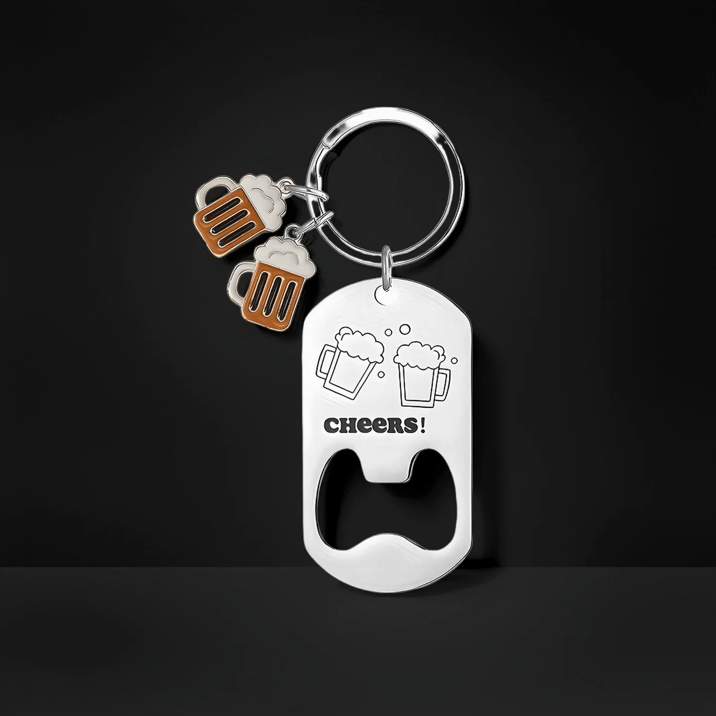 2PCS Stainless Steel Beer Opener Keyring, Engraved Cheers Tag with Beer Cup Charms, Practical Bar & Party Souvenir Gift