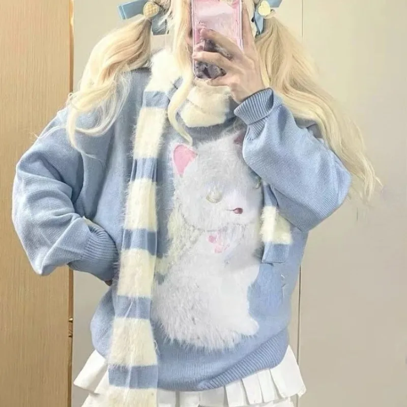 Cute Autumn Kawaii Print Blue Clothing Blouse Woman Outwear Casual Knitted Sweater Pullover Warm Fashion Tops Japanese Style