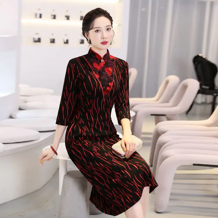 

Autumn New Chinese Style Modified Cheongsam Dress Temperament Women Elegant Loose Print Daily Fashion Mother Dress Evening Dress