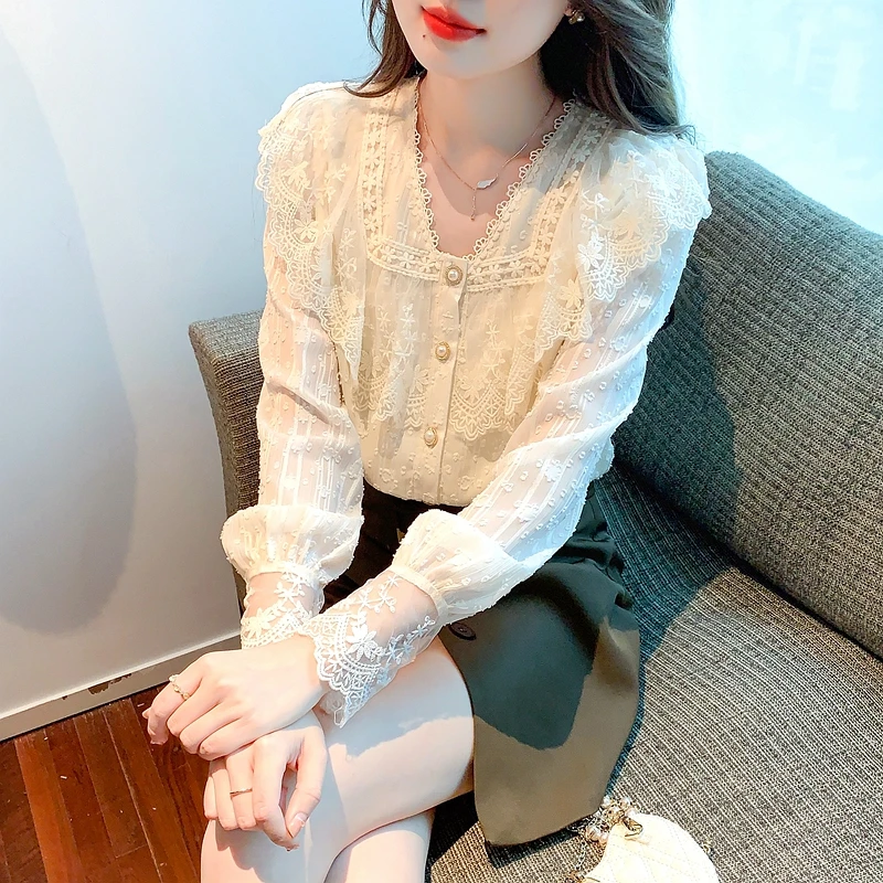 Autumn Blouse Women Long Sleeve Ruffles V-Neck Lace Blouse Shirt Women Tops Blusas Mujer De Moda 2024 Blouses Shirts Blusa G230