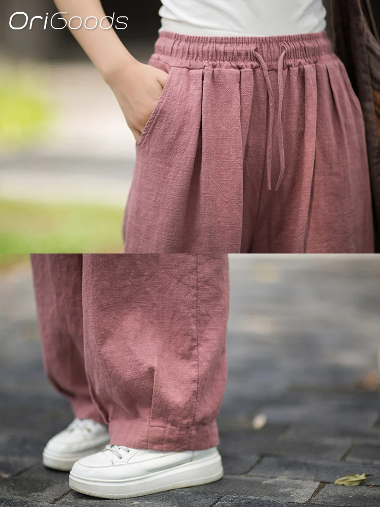 OriGoods Ramie Baumwolle Harem Hosen Frau 2025, Herbst Neue Elastische Taille Lose Natürliche Stoff Leinen Lange Hosen Vintage B323