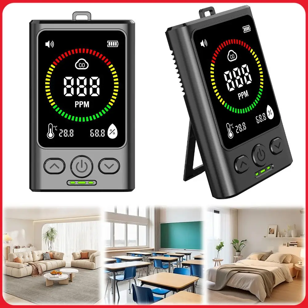 

Детектор угарного газа 3-в-1 с ЖК-дисплеем, перезаряжаемый, с функцией измерения температуры и влажности, сигнализация CO для дома, путешествий, отелей и помещений