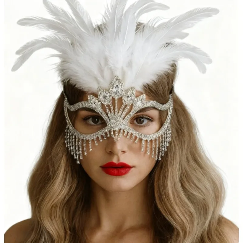 Máscara de mascarada de plumas para mujer, máscara de Mardi Gras, máscaras de diamantes de imitación plateadas brillantes, accesorios para fiesta de disfraces, noche y graduación