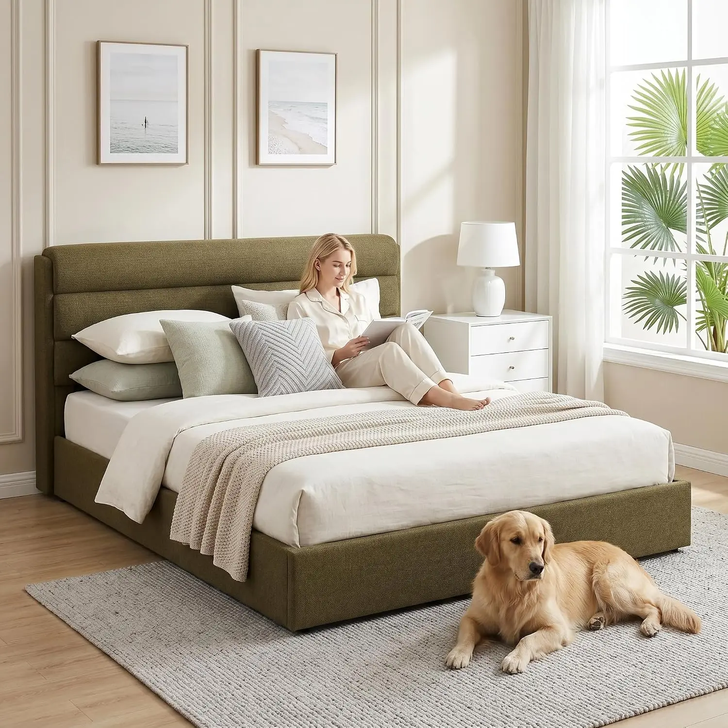 King Size Lift Up Storage Bed, Linen Upholstered Platform Bed, Green