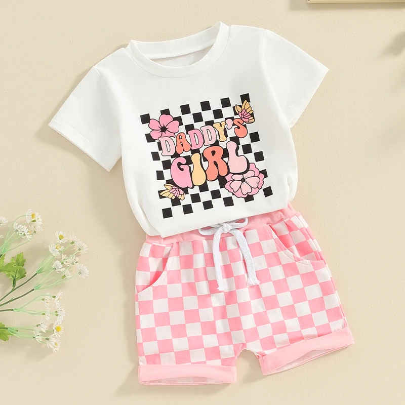 2024-01-12 Lioraitiin 3M-3Y Toddler Baby Girl Outfits Daddys Girl Short Sleeve T Shirt Top Checkered Shorts Set Summer Clothes