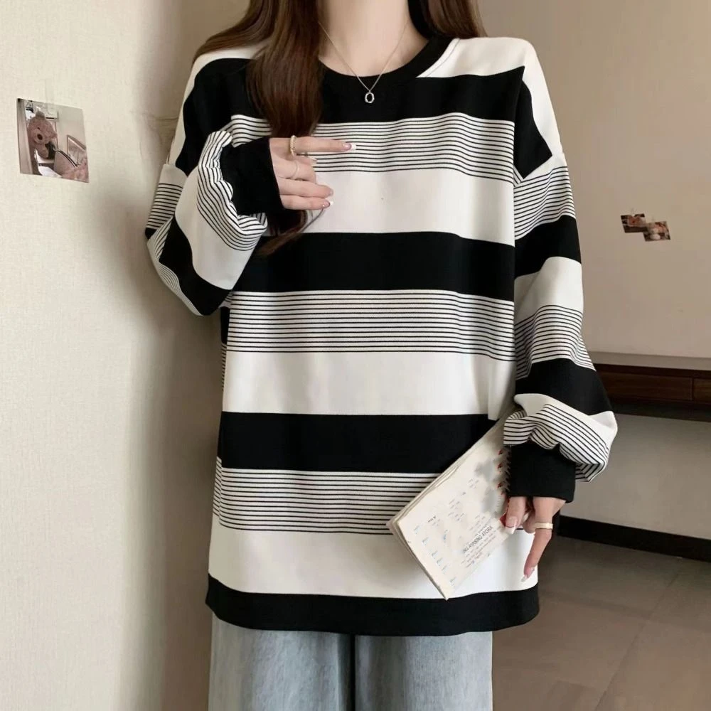 

All-match Retro Long Sleeve T Shirt Plus Size Loose Sweatshirts for Women Chic Stylish Striped Blouse Female
