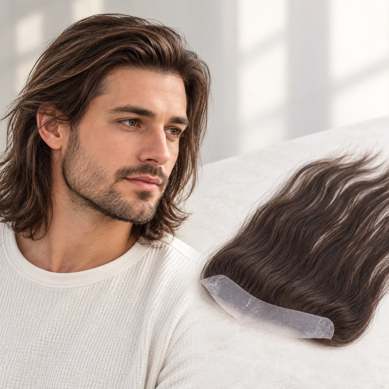 Men and Women's Topper Hairline 2x16cm 13Inch Long 100% Human Hair PU Skin Brown Color Replacement System Men's Toupee Hairpiece