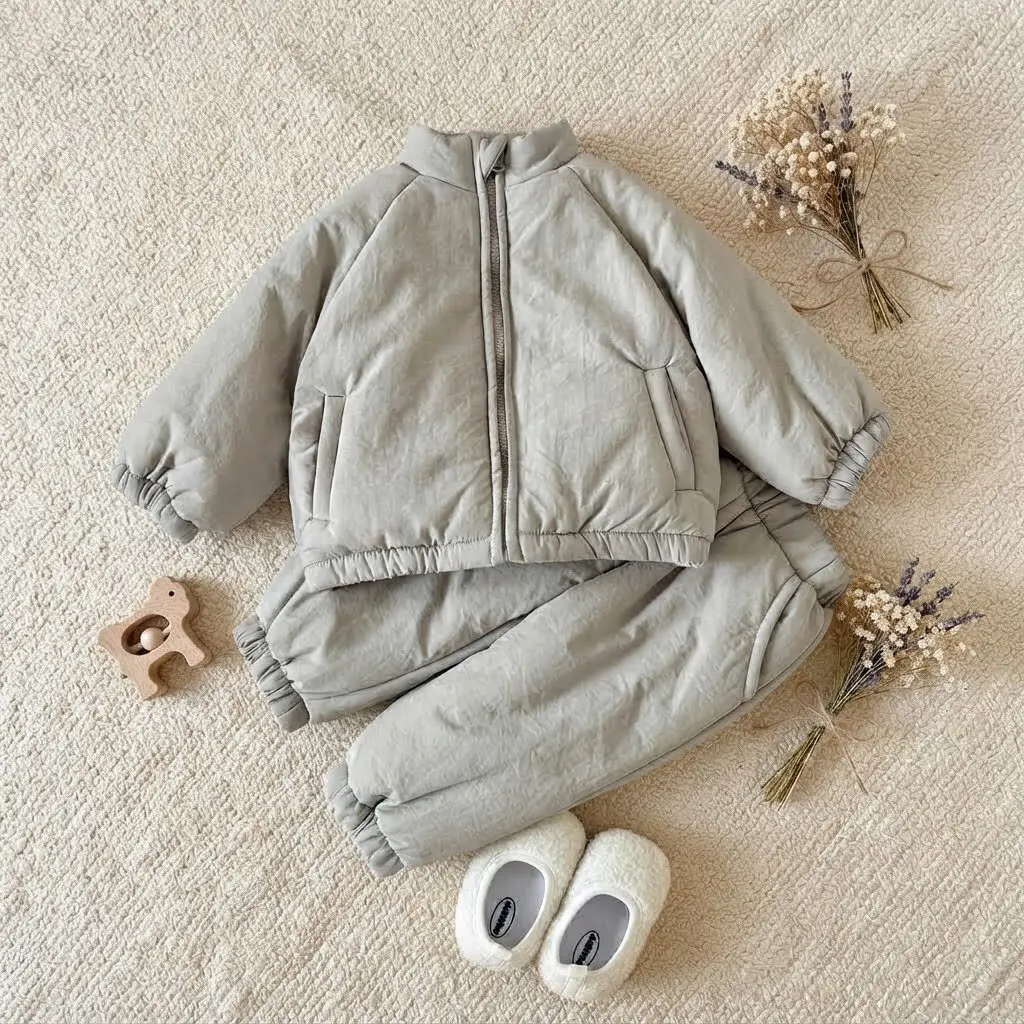 Unisex Baby 2Pcs Winter Cotton Outfit Solid Stand Collar Zip Jacket Elastic Cuff Pants Toddler Warm Casual Clothes Set