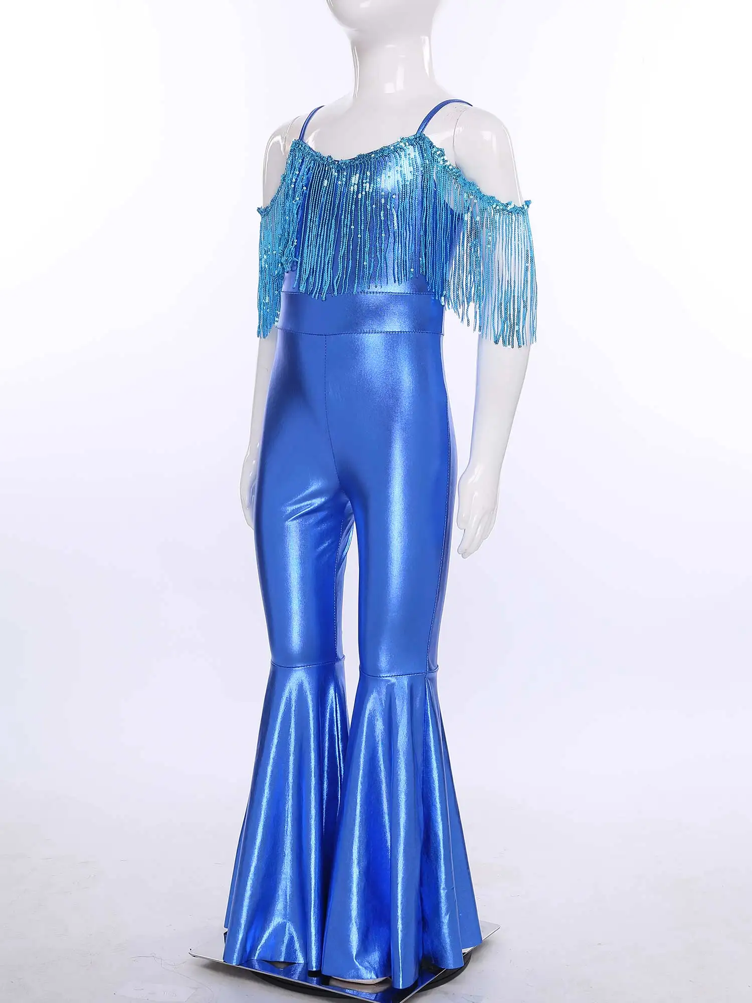

Children Birthday Party Gymnastics Costume Girls Sparkly Flares Jumpsuit Dance Leotard Kids Shiny Sequin Tassels Flared Jumpsuit