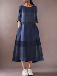 ZANZEA Women Cotton Linen Dresses Vintage Plaid Half Sleeve Midi Vestidos Casual O-neck Long Sundress 2024 Holiday Pocket Robes