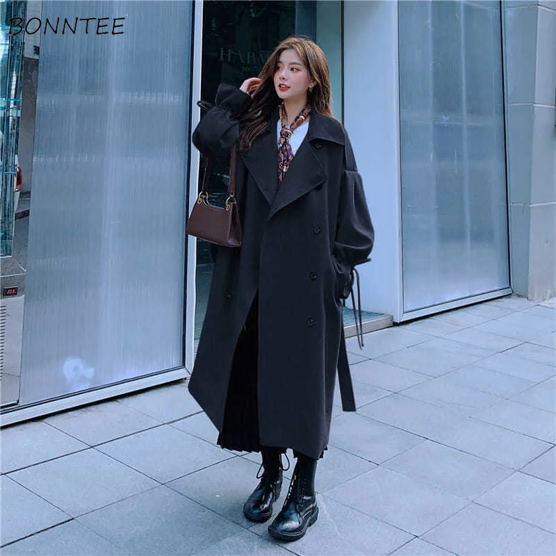 

Trench Women Retro Sashes Fashion Ladies Solid Unisex Elegant High Street Fall Winter All-match Temperament Chic Student Ulzzang