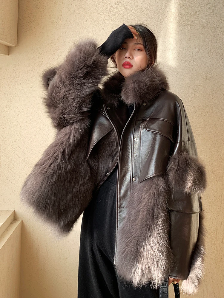 UMI MAO 2023 Winter New Fox Real Mink Fur Coat Female Stitching Sheep Leather Retro Style Young Mid-length Jacket Femme