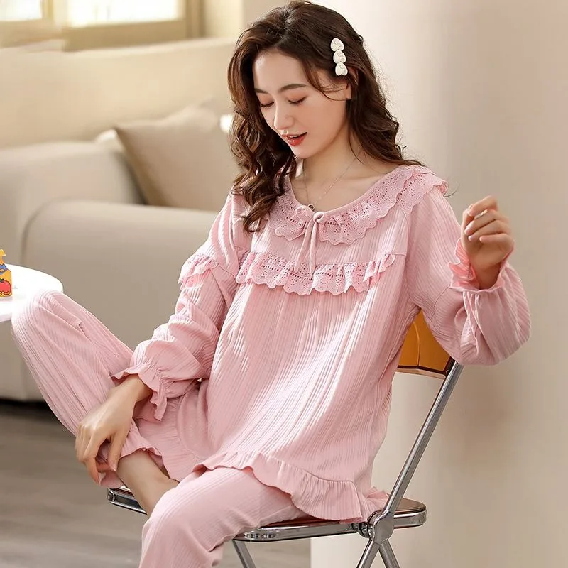 Pijamas de algodón puro para mujer, ropa de dormir de manga larga con lazo, conjuntos de tallas grandes, ropa de casa suelta Falbala, primavera y otoño, novedad de 2024