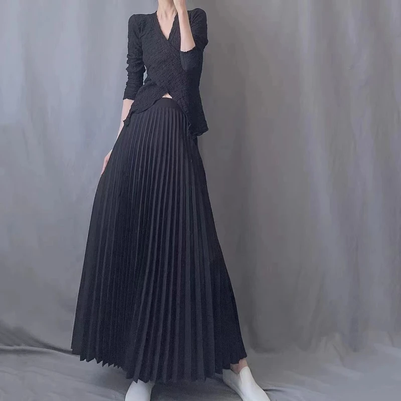 Shiny Silk Pleated Long Skirt Women Elastic High Waist Slim Solid A-Line Ladies Fashion All-Match Party Skirts Black White Gray