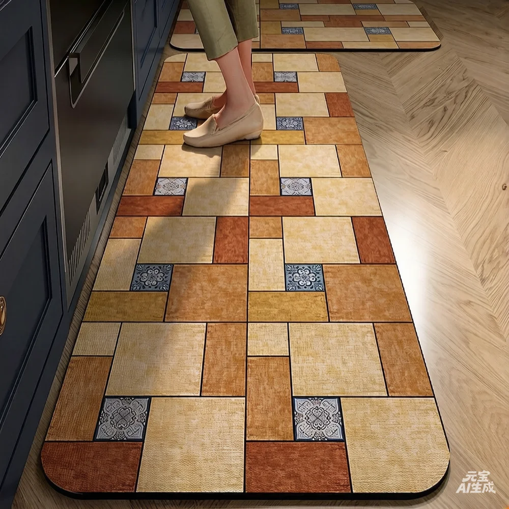 VIKAMA Vintage Water-And-Oil Absorbing Rug Durable, Anti-Slip, Anti-Fouling Silica Clay Kitchen Floor Mat for Home Decoration