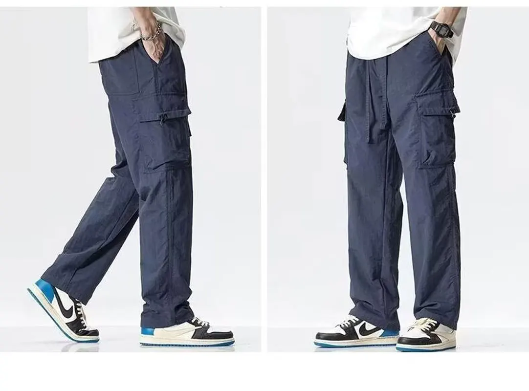 Cargo pants men straight leg hanging wide leg casual pants 2024 new drawstring multi-pocket fashion trend pants