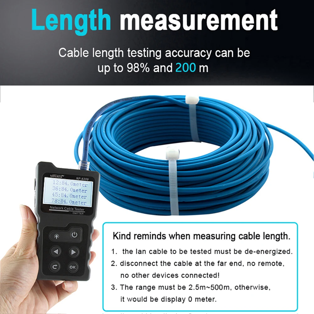 NOYAFA-probador de cables de NF-8209, herramienta de medición de longitud, Lan, POE, prueba de escaneo, pantalla LCD, comprobador de cables, mapa de